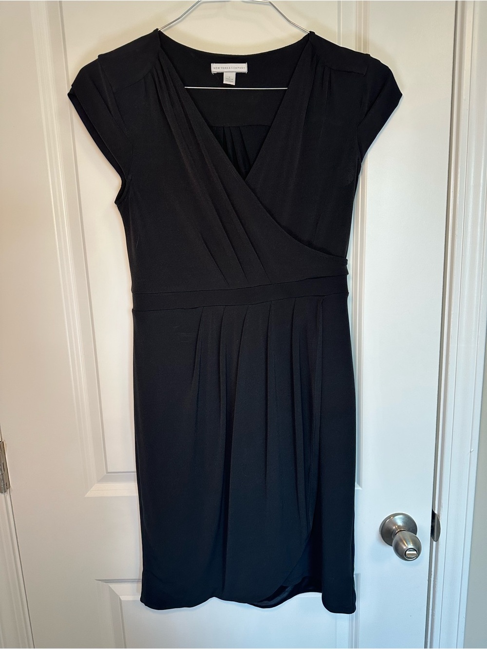New York & Co Black Faux-Wrap Cap Sleeve Dress